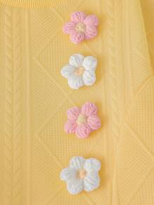 SHEIN Playful Pals 两件套少女可爱甜美针织提花粉色上衣和裤子套装，饰有3D立体花卉图案，适合日常和户外穿着，秋冬季节适用。 - 黃色 - 查看 7