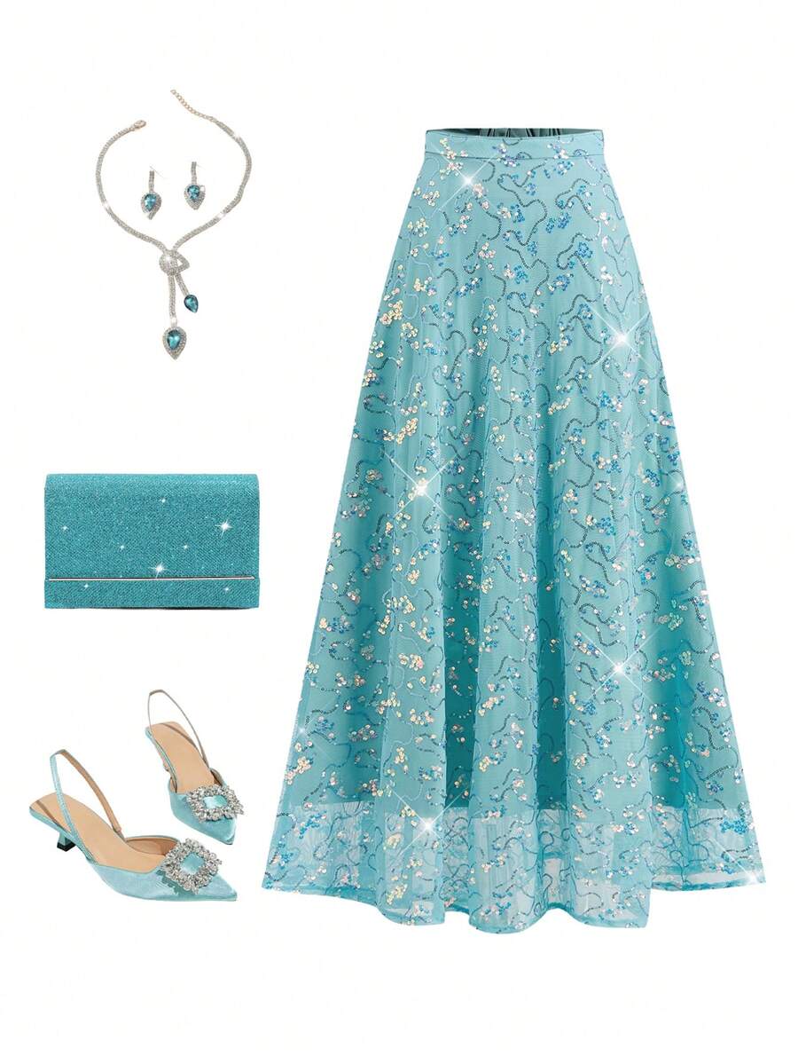 Ellevyn 女式亮片装饰腰部喇叭形 A 字优雅日常及派对半身裙，蓝色，秋冬 - 黑色 - 查看 1