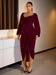 SHEIN BAE 大码女式天鹅绒长袖开衩连衣裙，酒红色 - 酒紅色 - 查看 7