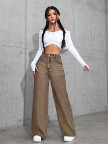 SHEIN ICON Women's Casual Everyday Washed Slant Pocket Loose Fit Denim Jeans - Brown - View 3