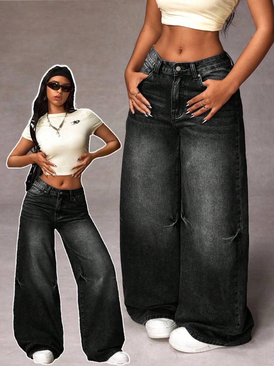 Jeanoix Plus Size Women Casual Loose Button Pocket Wide Leg Jeans