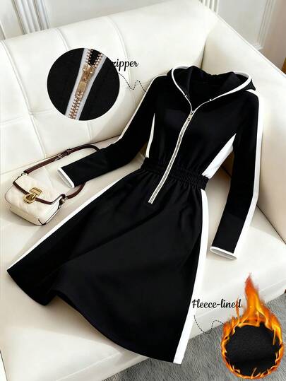 GlowEve Women's Knitted Gold Zipper Decor Black & White Patchwork Hooded Sweatshirt Dress, French Casual Everyday Commute Fashion French Elegant Street Vintage Versatile Holiday Business Black & White Long Sleeve Dress, Autumn/Winter