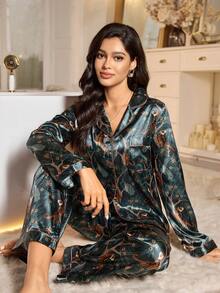 LuxeNights Elegant Tiger Print Faux Silk Long Sleeve Top & Pants Women Pajama Set Night Wear Women Night Suits For Women Women Lounge Wear , Winter Clothes - Army Green - View 1
