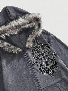 ROMWE MEN Street Life Teen Boy Cross Graphic Zip-Up Sweatshirt, Casual & Fashionable - Grey - View 4