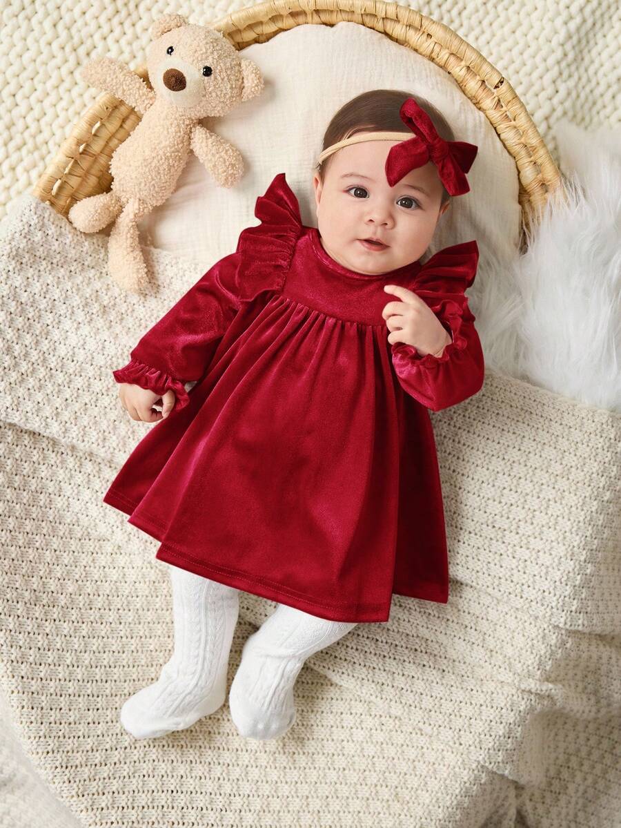 SHEIN Newborn Baby Girl Elegant Cute Velvet Ruffle Trim Long Sleeve Dress, Pink - Red - View 1