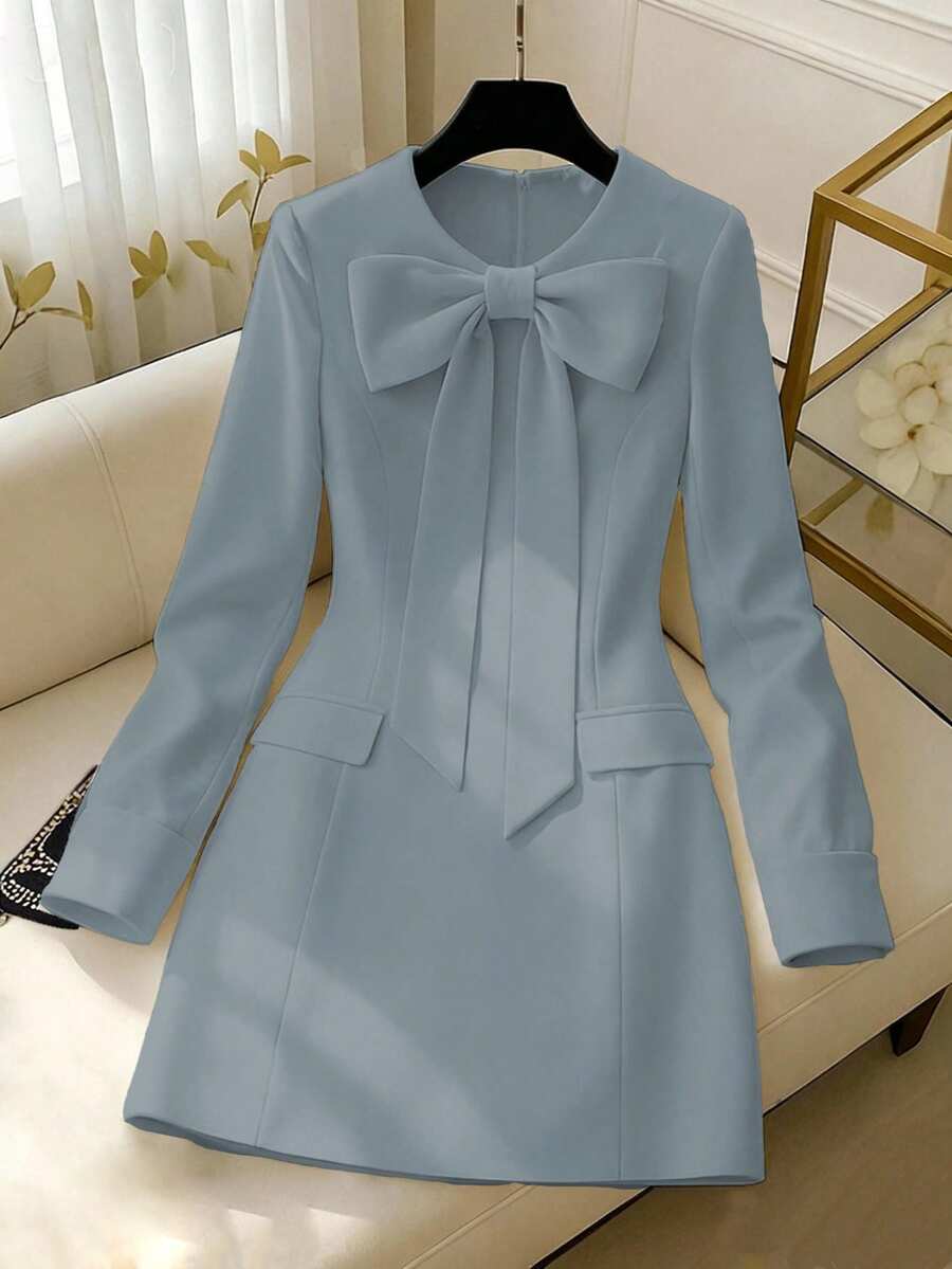 Lyxana Women's Solid Color Round Neck Elegant Waist Tie Bow Long Sleeve Dress - Baby Blue - View 1