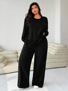 SHEIN EZwear Damen Große Größen 2 Stücke Set: Locker sitzendes Rundhals T-Shirt und gerade geschnittene Hose - Schwarz - Übersicht 3