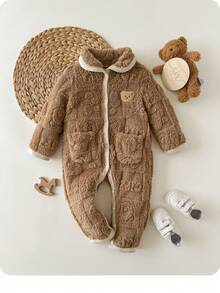 SHEIN Baby Girl Cute Furry Patchwork Cartoon Pattern Turndown Collar Jumpsuit, Autumn/Winter - Multicolor - View 10