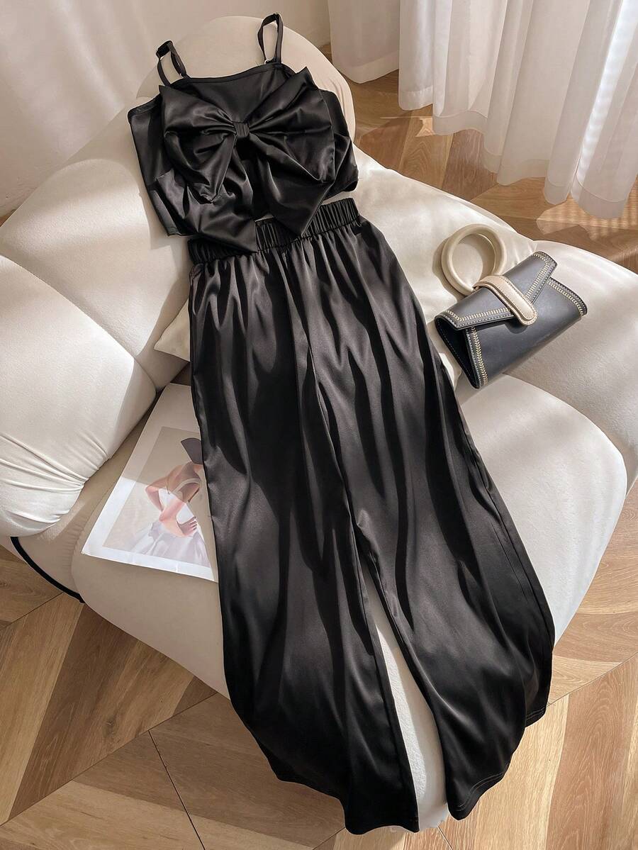 Tween Girls' Fashionable & Chic Oversized Bow Decor Camisole Top Paired With Simple Pants And Black Jacket, Outfit Set - Black - View 1