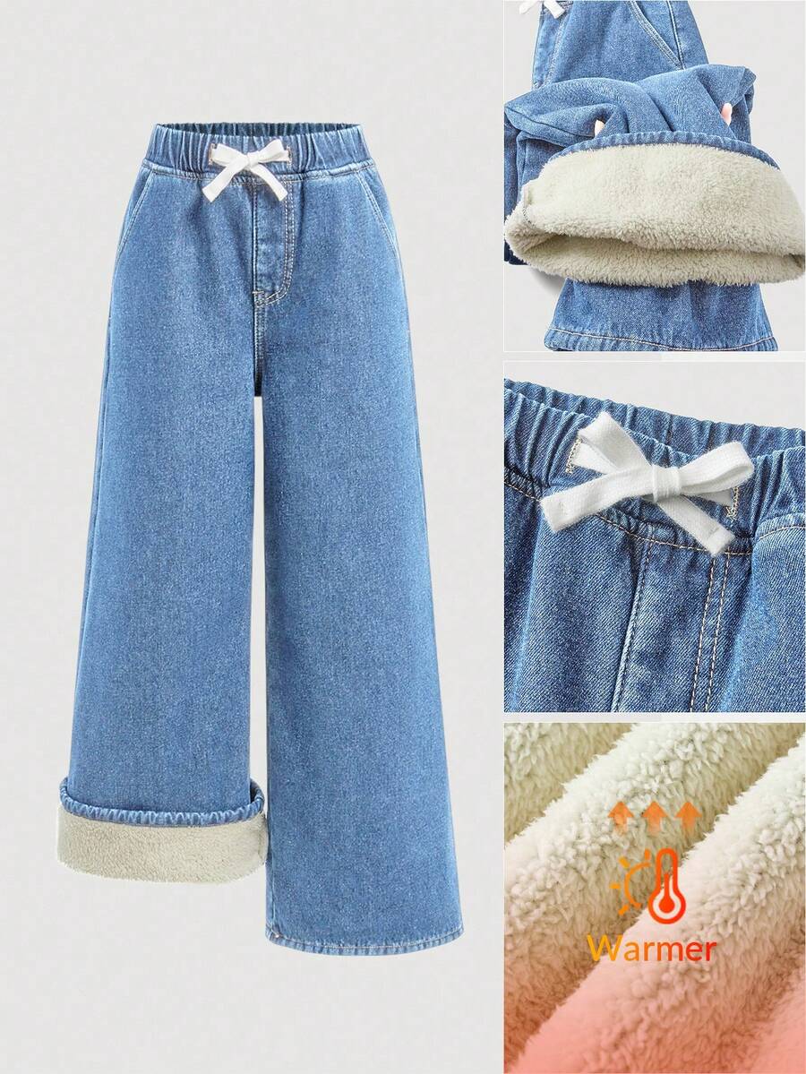 SHEIN 少女宽松基础款蓝色牛仔保暖裤，秋冬季 - 淺色水洗藍 - 查看 1