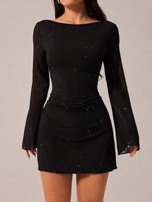 SHEIN PETITE Elegant Bowknot Backless Glam Mini Dress, Bodycon Fit, Suitable For Parties ,Petite Women - Black - View 4
