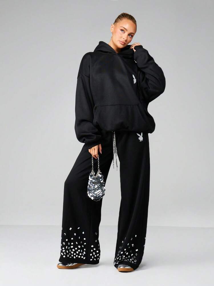 Missguided x Playboy ラインストーン付きヘム&ロゴ入り ワイドレッグジョガーパンツ カジュアルルームウェア 快適