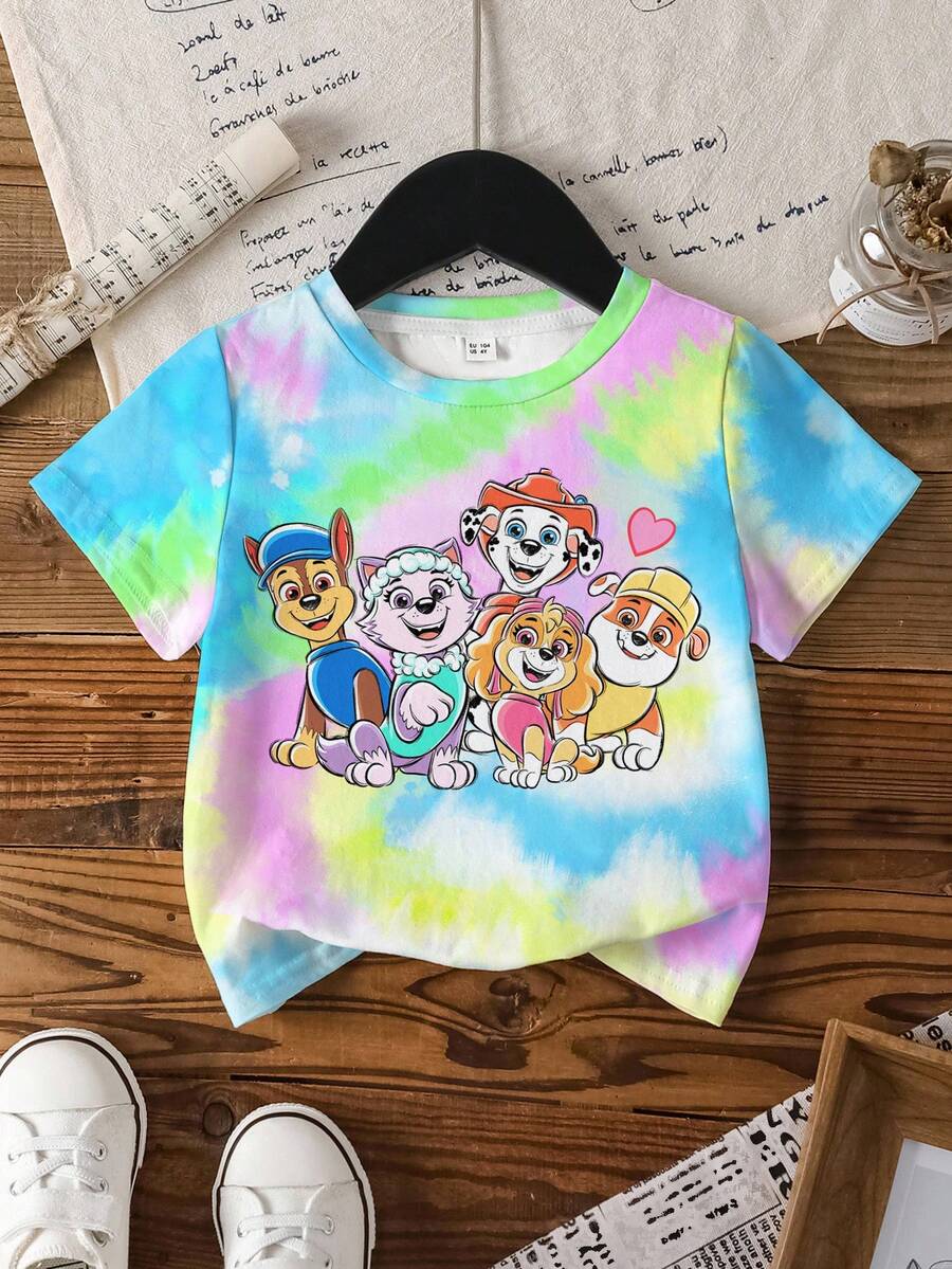 SHEIN | PAW Patrol 小女孩扎染卡通小狗印花圆领短袖T恤 - 白色 - 查看 1