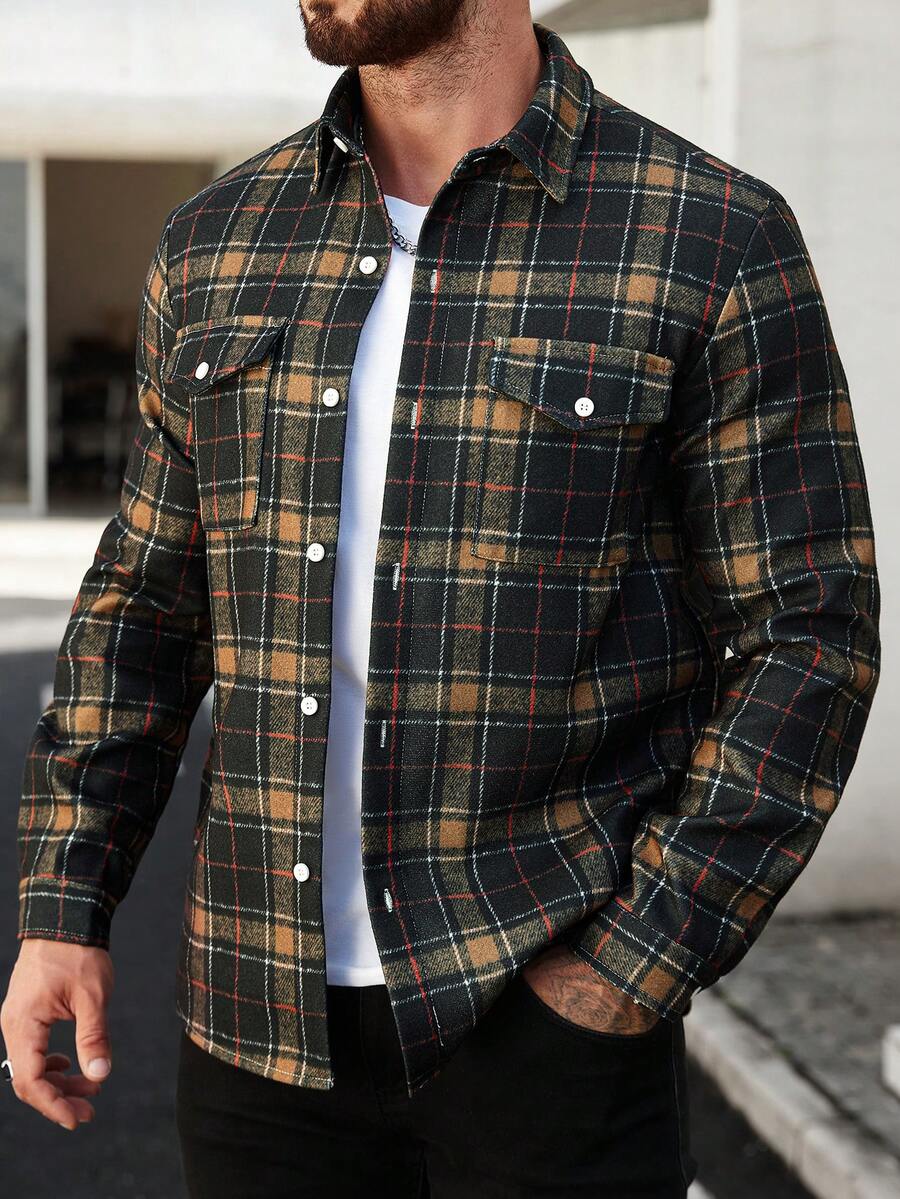 Manfinity Homme Men's Button Front Long Sleeve Plaid Jacket, Casual Daily Wear,Fall Men Clothes,Winter Men Jacket,Warm Jacket,Plaid Shirt Flannel Button Up Plaid Flannel Long Sleeve Flannel Flannels For Men Plaid Button Up Men - Multicolor - View 1