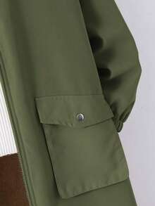 SHEIN 男童休闲保暖连帽中长款加厚梭织外套，适合上学、花园、海滩、生日等场合，春、夏、秋、冬皆宜。 - 軍綠色 - 查看 5