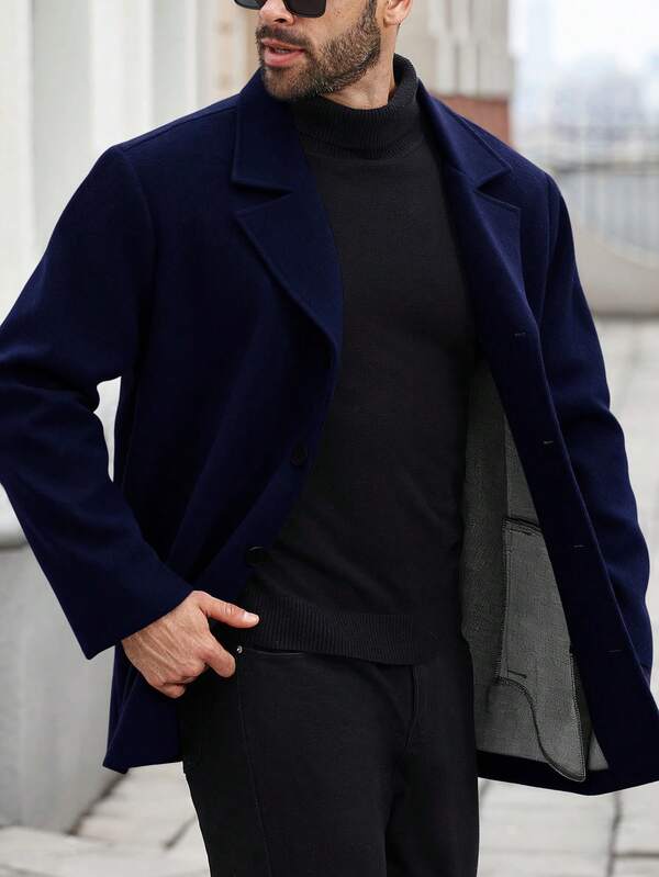 Manfinity Mode Plus Size Men's Solid Color Notched Collar Single-Breasted Overcoat, Suitable For Commuting In Autumn