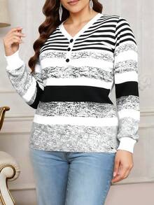 EMERY ROSE New Striped Print Zipper Elegant Casual Versatile Plus Size Sweatshirt - Multicolor - View 5