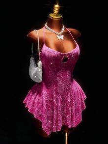 Amplova Valentine's Day & New Year Party Style Low-Cut Sequin Lace Fuchsia A-Line Mini Dress For Women Pink - Hot Pink - View 8