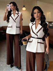 Elenzga 春秋冬新款职业装时尚休闲通勤装独立日设计感杏棕色拼布撞色双排扣翻领无袖西装外套+深棕色直筒阔腿裤套装 - 彩色 - 查看 1