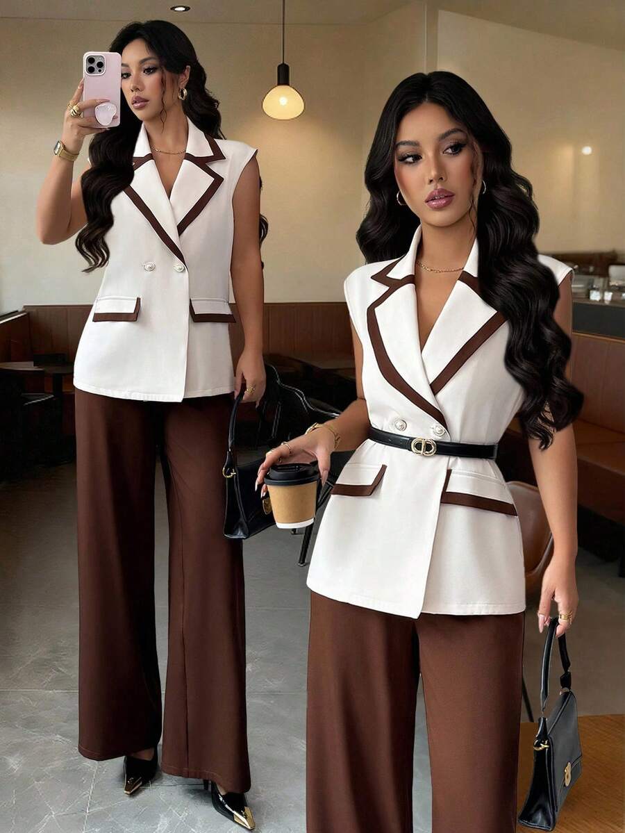 Elenzga 春秋冬新款职业装时尚休闲通勤装独立日设计感杏棕色拼布撞色双排扣翻领无袖西装外套+深棕色直筒阔腿裤套装 - 彩色 - 查看 1