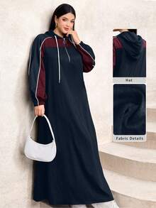 Modelyn 大码女式长袖抽绳连帽撞色喇叭优雅时尚连衣裙，秋冬款 - 藏蓝色 - 查看 4