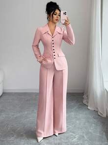 Elenzga 女士粉色竹纤维面料翻领束腰夹克，带口袋盖仿口袋设计，优雅专业正装，适合会议、教师、高端场合穿着。 - 粉色 - 查看 3