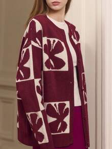 lacRébo Burgundy Loose-Fit Jacquard Knit Cardigan With Floral Check Pattern Summer Women Office New Year Going Out - Multicolor - View 1