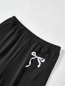 SHEIN Teen Girls' Brown Digital Print White Bow Crew Neck Sweatshirt & Black Skinny Pants Set, Comfortable Fitted, Autumn/Winter - Coffee Brown - View 3