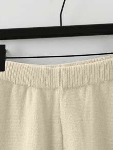 GlowEve Bộ đồ dệt kim 2 món tay dài và quần dài viền bất đối xứng cho nữ - Màu be - Xem 3
