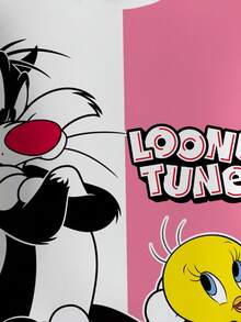 LOONEY TUNES X SHEIN 少女休闲时尚街头风可爱卡通字母印花撞色宽松保暖抓绒套头卫衣，秋冬季 - 白色 - 查看 3