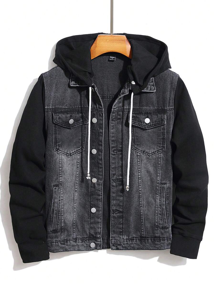 GALLERY FADE 男士前扣长袖口袋休闲牛仔连帽夹克，适合秋季 - 黑色 - 查看 1