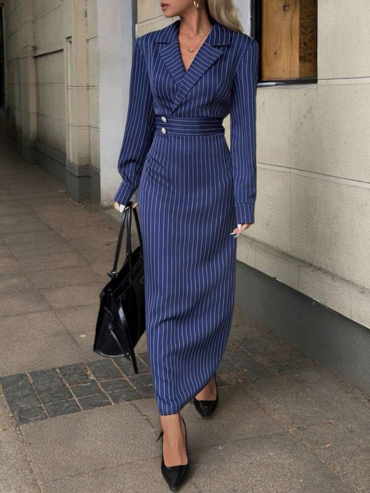 Elyressa 优雅的法式条纹休闲连衣裙，适合通勤和聚会 - 彩色 - 查看 3
