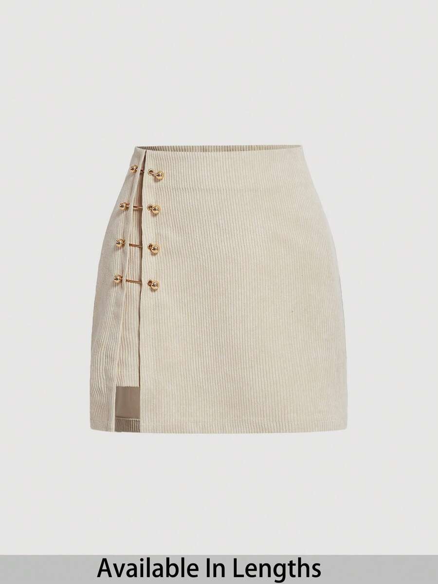 SHEIN PETITE CURVE Váy bó đính đinh tán màu trơn cỡ lớn - Màu Khaki - Xem 1