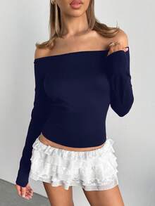 SHEIN EZwear Áo thun dài tay hở vai màu xanh navy, thường ngày dành cho nữ, mùa xuân/thu - Màu xanh hải quân - Xem 4
