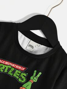 TEENAGE MUTANT NINJA TURTLES | SHEIN Young Boy Summer Casual Turtle Print Round Neck Short Sleeve T-Shirt - Black - View 4