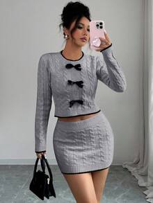 Elenzga 2件套 女士扭绳针织撞色滚边优雅毛衣上衣+修身半裙，秋冬款 - 灰色 - 查看 1