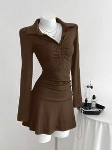 Elamini 1pc Women's Black Knitted Elastic Fabric Shirt Collar Dress, Button Front Closure, Ruched, Casual Everyday Wear, Autumn - Brown - View 1