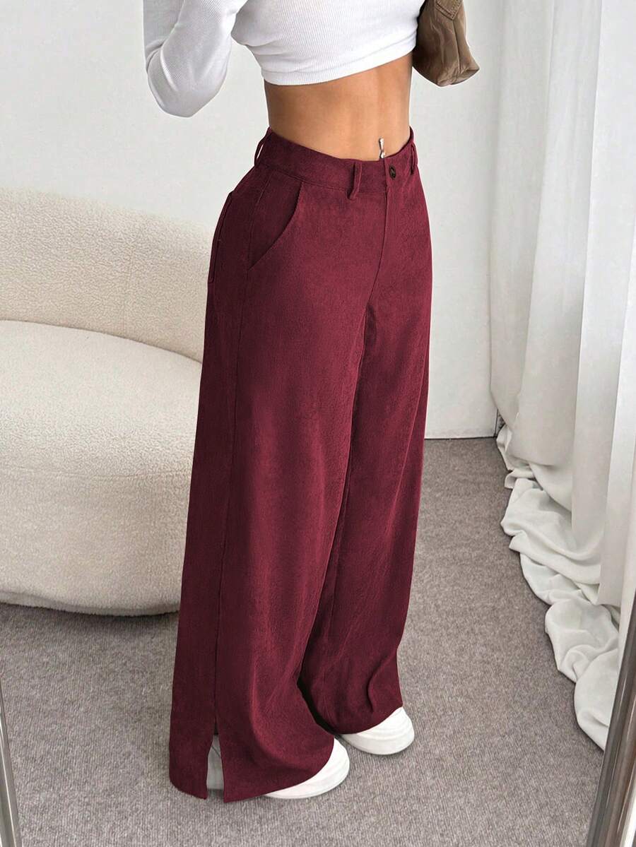 Flirla Pantalones largos rectos y sueltos con abertura lateral de pana de moda informal para otoño/invierno para mujeres - Burdeos - Ver 1