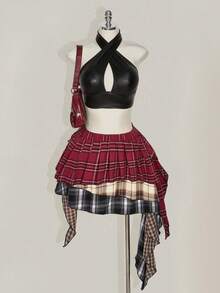 SHEIN ICON Falda plisada de talla grande con patchwork a cuadros asimétrico - Multicolor - Ver 3