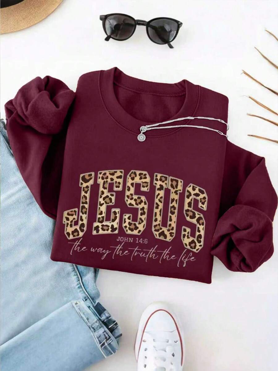 INAWLY Sudadera casual de mujer con estampado de leopardo y gráfico de letras en cuello redondo - Rojo - Ver 1