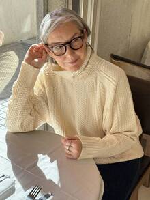 Vivie Lora Sweater Rajut Kabel Lengan Raglan Kerah Tinggi Longgar Kasual Wanita, Musim Gugur/Dingin - Aprikot - View 3