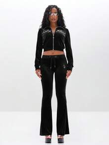 BABYPHAT 丝绒漏斗领拉链卫衣，饰有水钻文字细节，长袖短款外套，适合秋冬季女士穿着。 - 黑色 - 查看 3