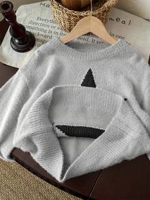 Tween Girl Star Pattern Round Neck Drop Shoulder Sweater, Sibling - Grey - View 7