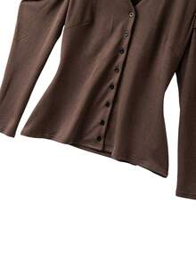 GlowEve CURVE Plus Size Gigot Sleeve Open Front Knit Long Sleeve Casual Fitted Top, Autumn/Winter - Brown - View 4