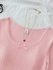 SHEIN Teen Girl Solid Color Round Neck Lace Trim Bow Decor Raglan Long Sleeve Casual Fitted T-Shirt - Pink - View 3