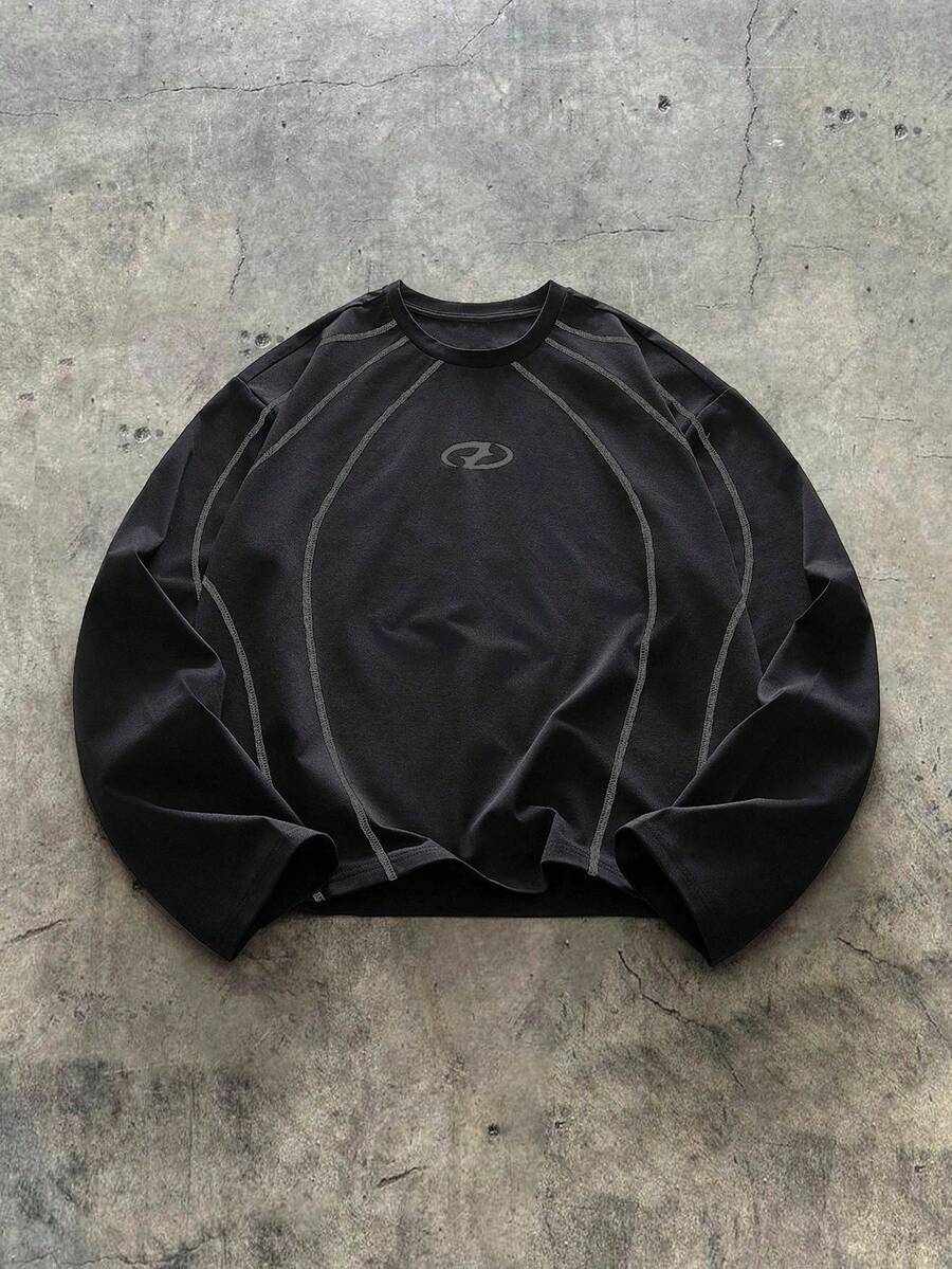 AXEPEAK 男士几何印花圆领休闲宽松长袖T恤