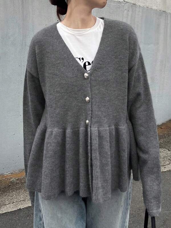 FRIFUL 女士金属纽扣装饰荷叶边宽松纯色开衫