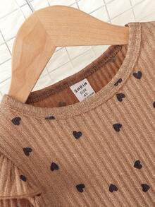 Elladie kids مجموعة تي شيرت بأكمام طويلة وطباعة قلوب وتنورة ليغنز للبنات الصغيرات، موسم الربيع/الخريف، 2 قطعة - كاكي - مشاهدة 4