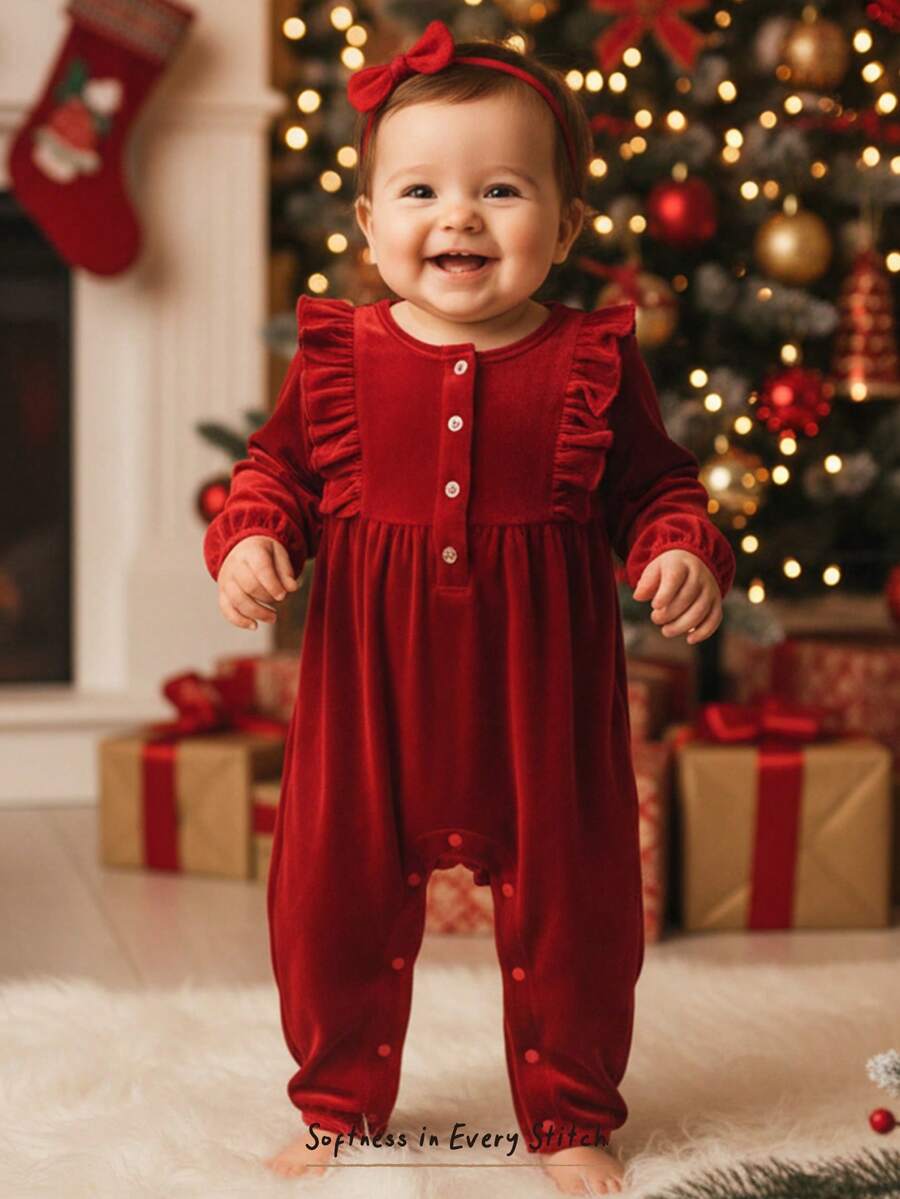 Cozy Pixies Ensemble de combinaison à manches longues avec volants au col rond pour bébé fille, polyvalent et confortable pour Noël et le Nouvel An - Rouge foncé - Voir 1