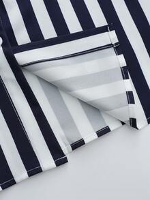 SHEIN Franclia 女士海军蓝条纹长袖衬衫+深蓝色腰部设计半身裙两件套，秋季 - 藏蓝色 - 查看 5